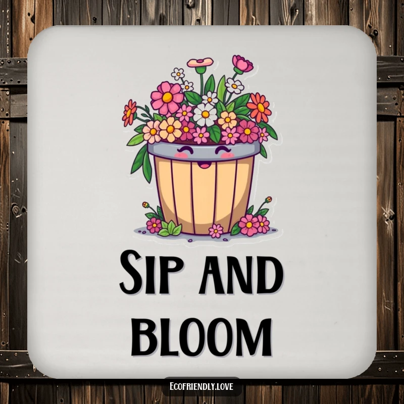 Funny compost bin coaster featuring a cheerful character comically overflowing with smiling flowers, perfect for protecting surfaces with eco-humor.