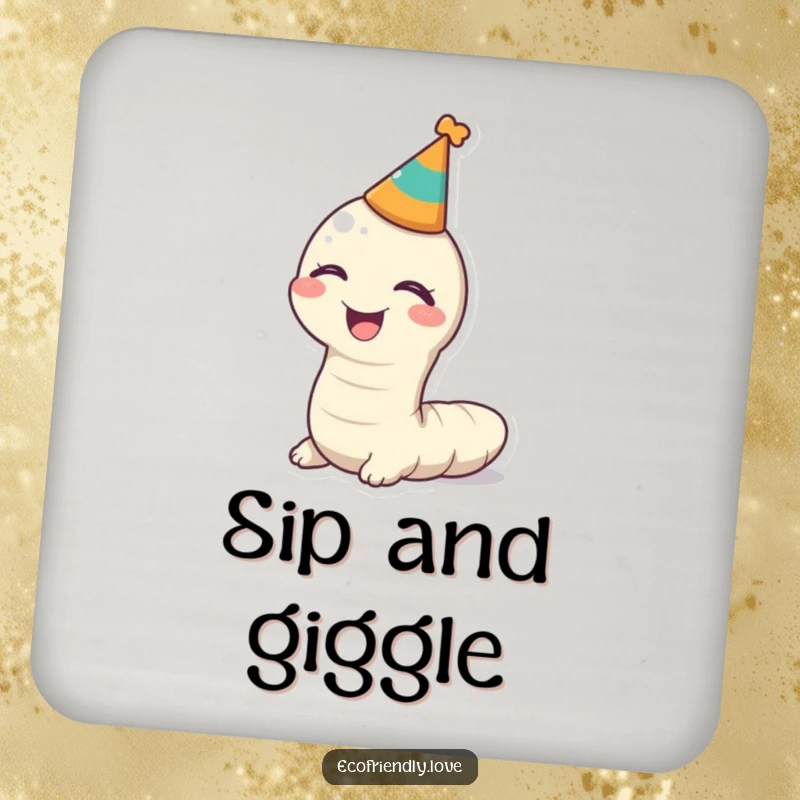 Funny kawaii worm giggling with a party hat on a drink coaster, a humorous table protector.