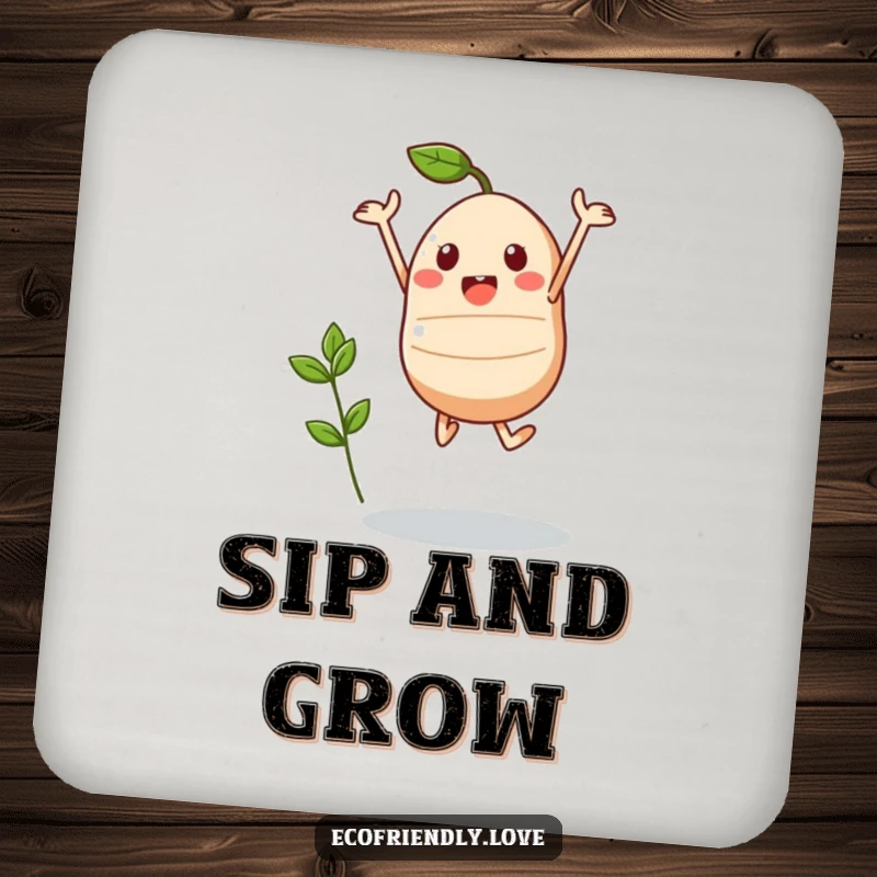 Funny Kawaii Seed Coaster: A triumphant seed character jumps with a sprout, adding inspiration and surface protection.