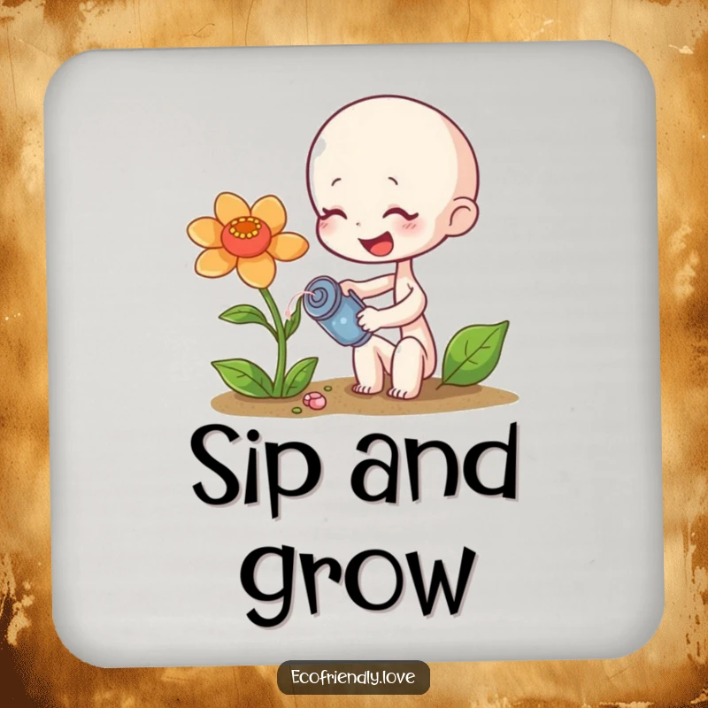 Funny sprout coasters showing a tiny character giggling while watering a wilting flower, a humorous funny gift.