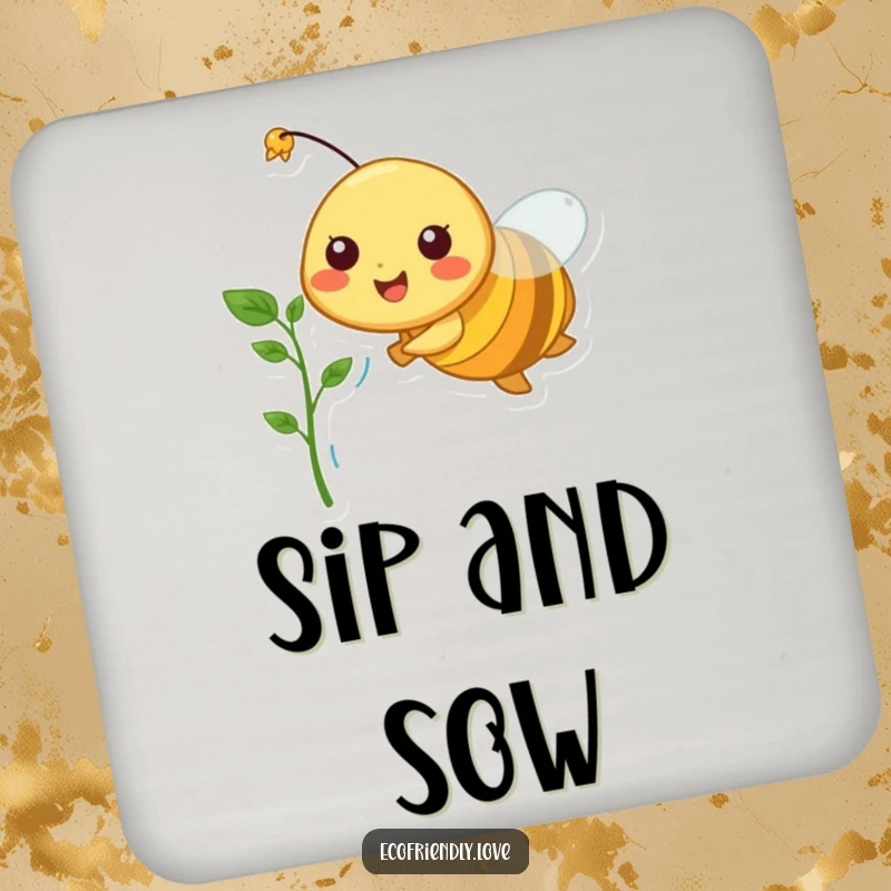 Funny drink coaster featuring a cheerful bee flying with a tiny plant sprout, adding natural charm to any table.
