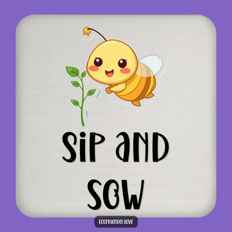 Funny Bee Drink Coaster: Cheerful Character Flying with Sprout, Protect Surfaces Gift