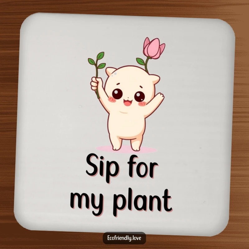Funny kawaii character triumphantly holding a wilting, funny plant on a drink coaster, a humorous table protector.