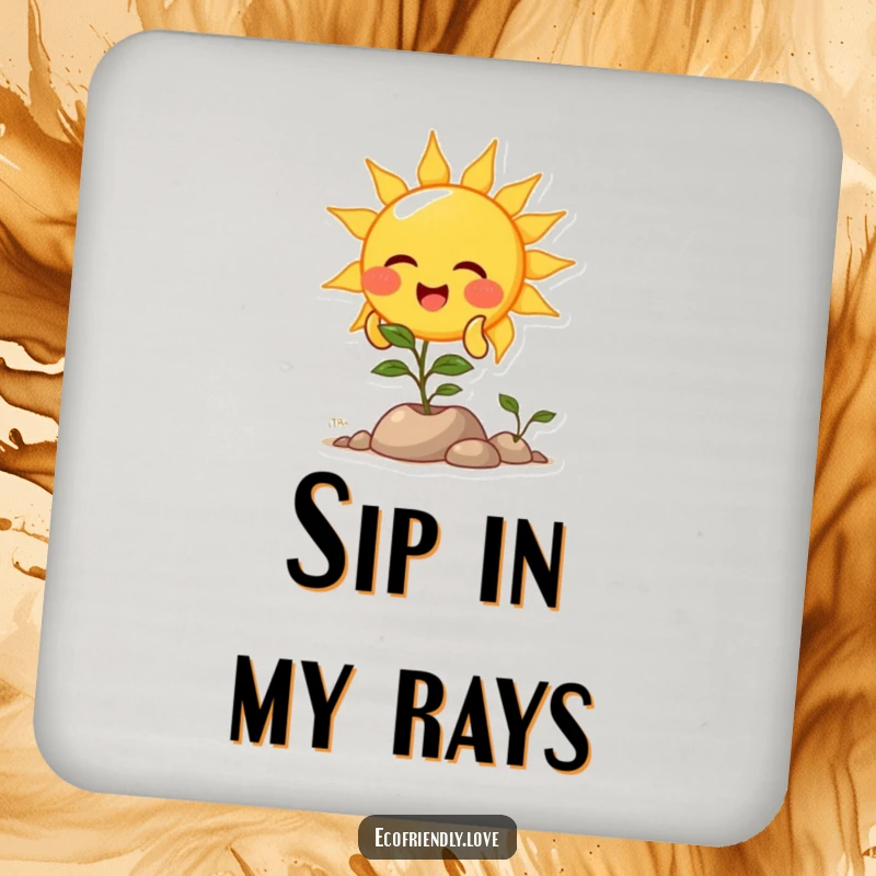 Funny drink coasters featuring a giggling sun character showering a plant with light, ideal for protecting surfaces with solar cheer.