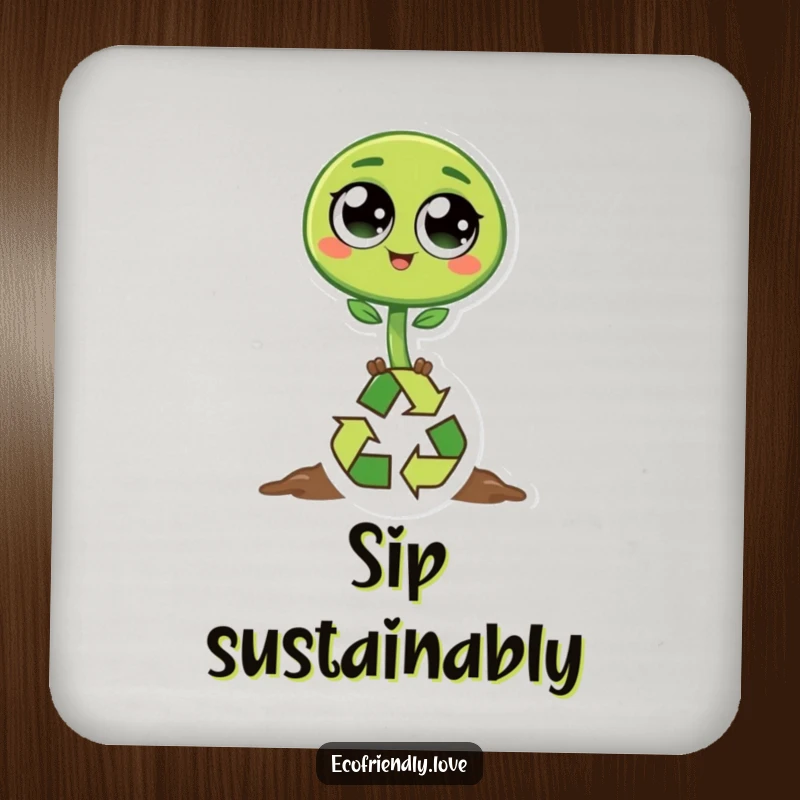 Funny sprout drink coaster featuring a happy green sprout character with big eyes hopping over a recycling symbol, promoting sustainable habits.