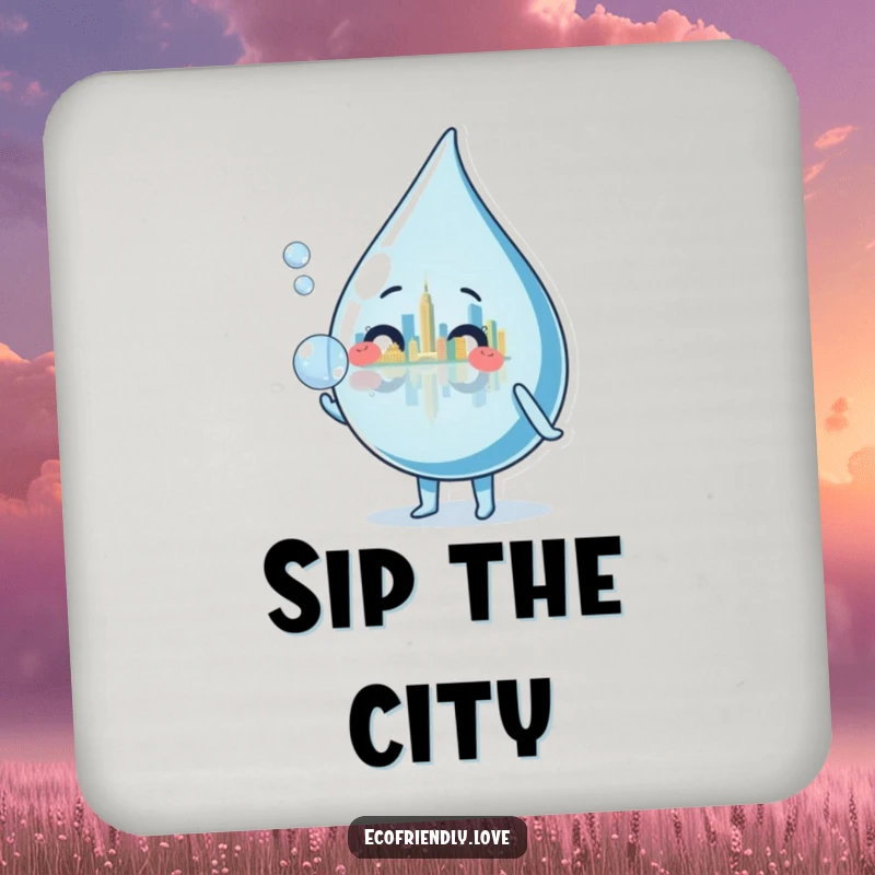 Funny water droplet character blowing a bubble reflecting a tiny cityscape, depicted on a charming and funny drink coaster.