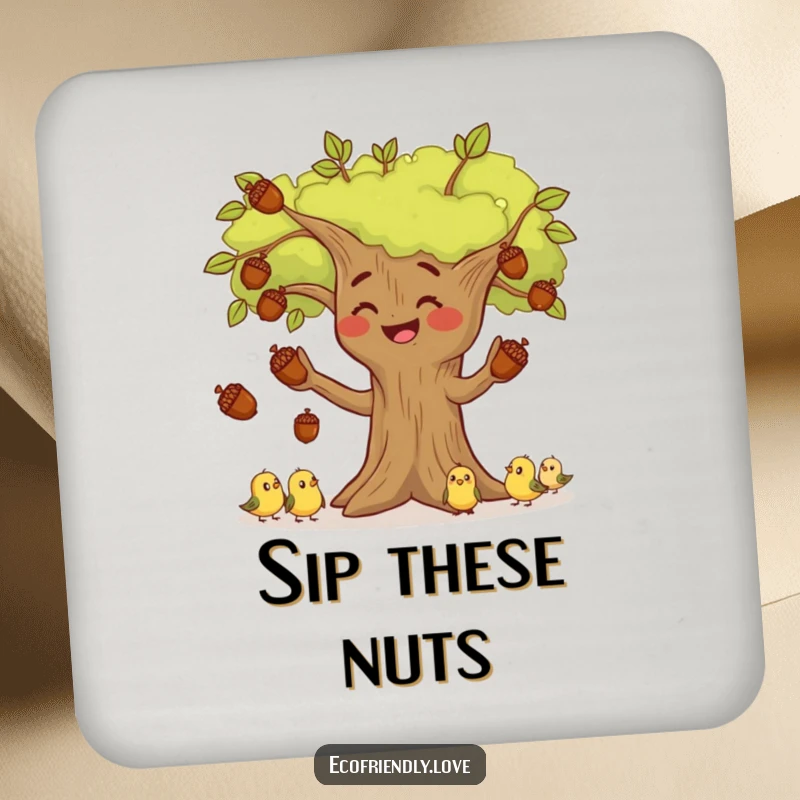 Funny tree character juggling acorns while tiny birds look on, depicted on a charming and funny drink coaster.