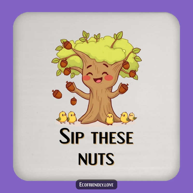 Funny Tree Juggling Acorns Coaster: Protect Surfaces with Woodland Charm