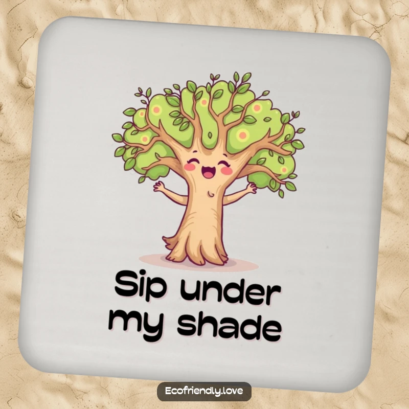 Funny drink coaster with a happy tree character dancing, branches swaying, adding a whimsical and protective element to tabletops.