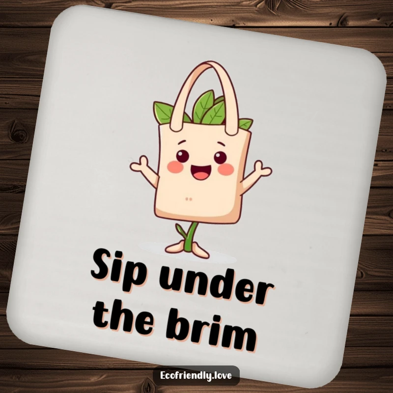 Funny plant tote hat coaster featuring a happy character playfully wearing a reusable tote bag as a hat, perfect for protecting surfaces with eco-humor.