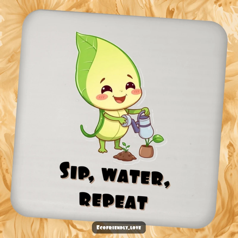 Funny drink coaster showcasing a smiling leaf character watering a small plant, adding a cheerful botanical accent to drinks.