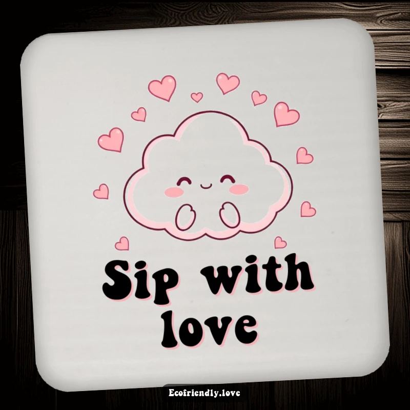 Funny drink coasters featuring a cloud character playfully raining tiny red hearts, adding a touch of cute love to any surface.