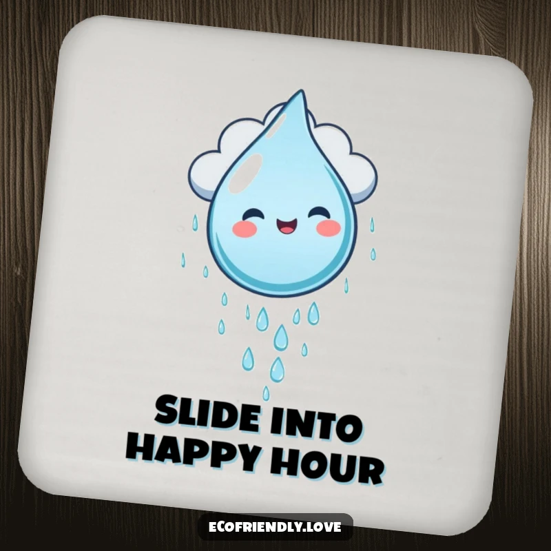 Funny water droplet character gleefully sliding down a cloud, on a drink coaster for humorous surface protection.