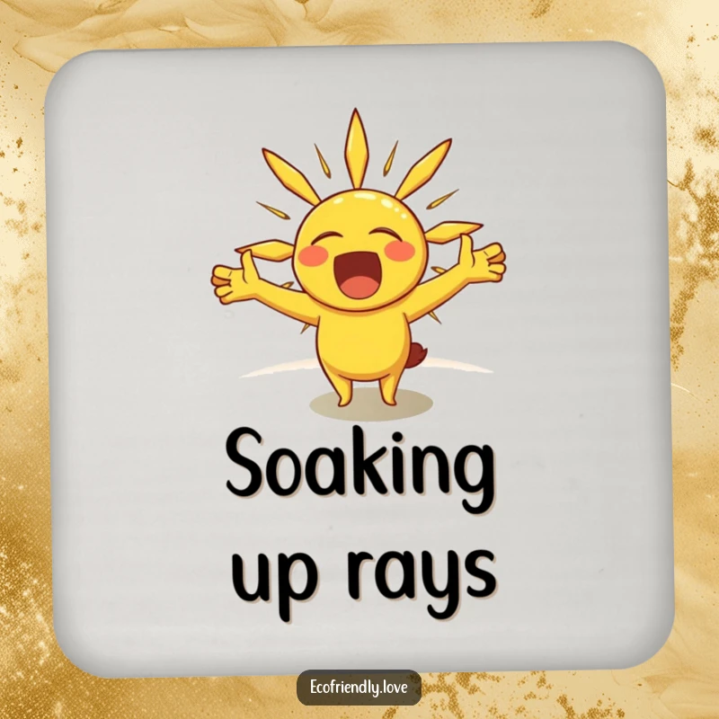 Funny drink coaster featuring a cheerful sun character stretching its rays like arms in a big yawn, perfect for protecting surfaces.