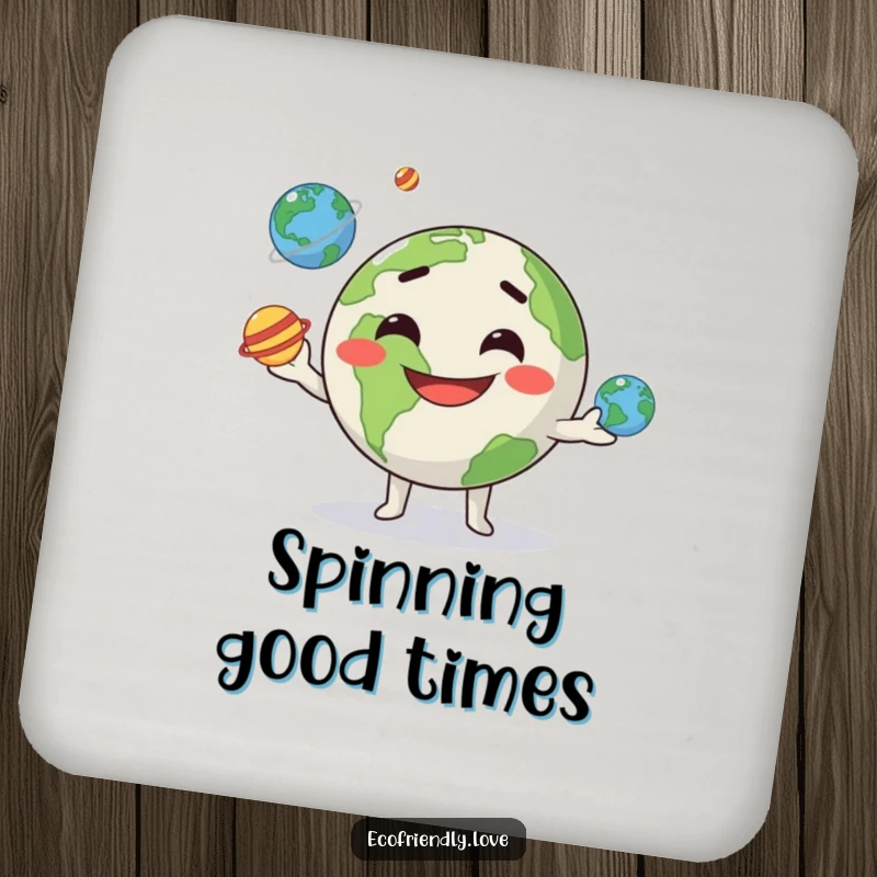 Funny kawaii Earth character with a goofy grin, juggling three tiny planets, featured on a protective and decorative drink coaster.