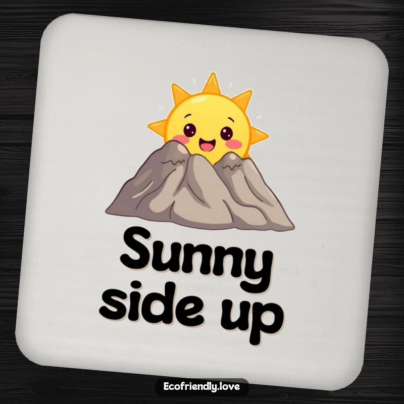 Funny drink coaster with a surprised sun character peeking from behind a smiling mountain, adding a whimsical outdoor touch.