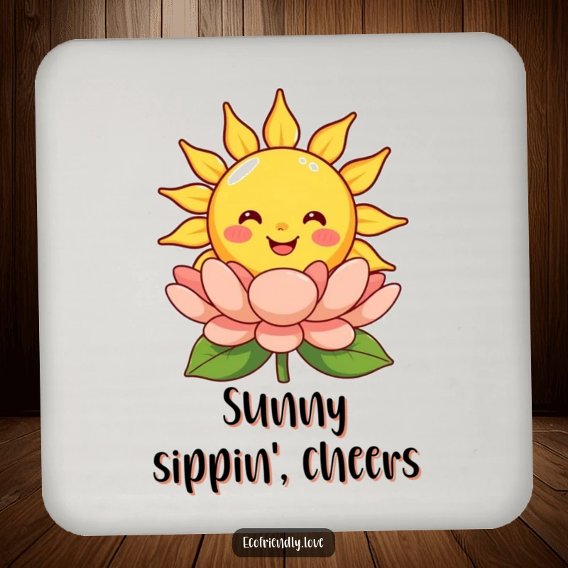 Funny smiling sun drink coaster featuring a cheerful cartoon sun character radiating warmth onto a blooming flower, protecting surfaces.