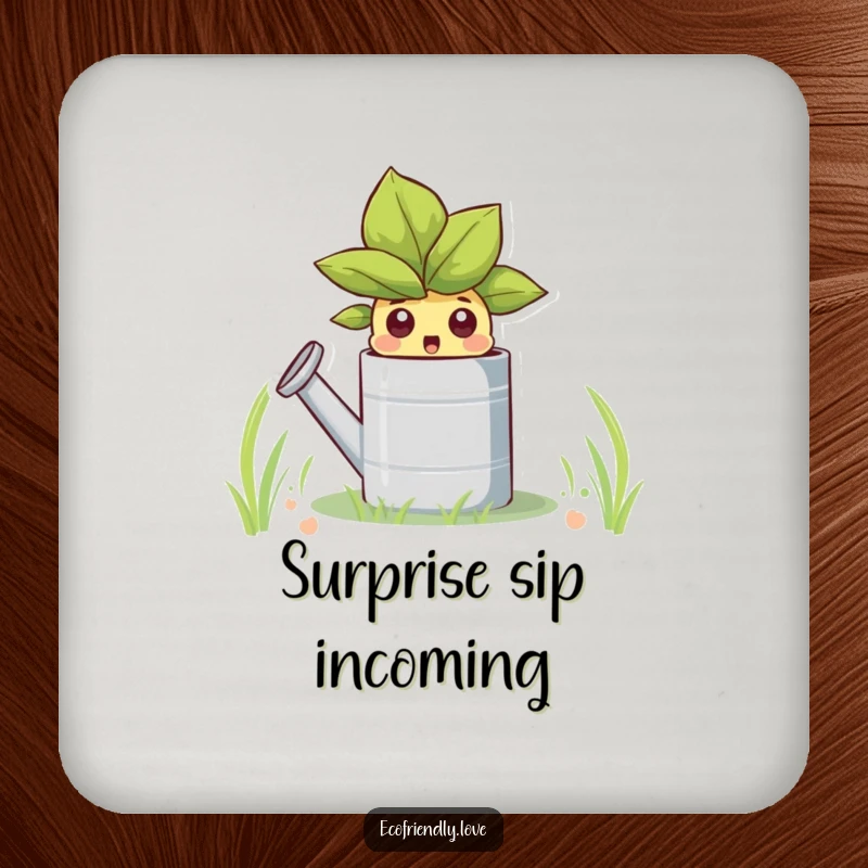 Funny drink coasters featuring a sprout peeking from a watering can, ideal for protecting surfaces with a touch of garden humor.