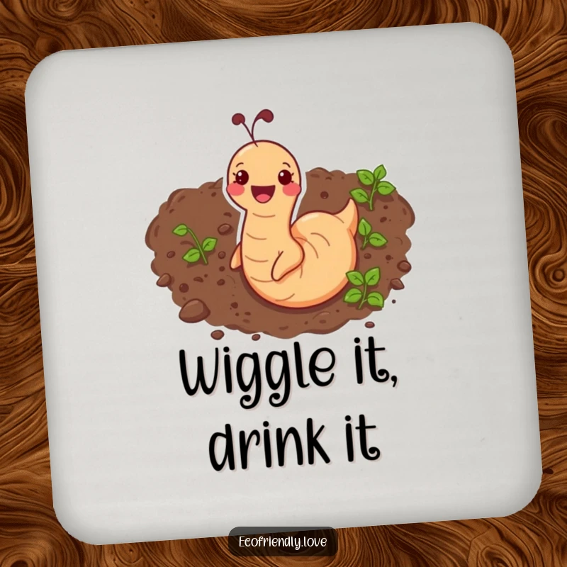 Funny coasters showing a happy earthworm wiggling through soil, adding a humorous touch to any table setting.