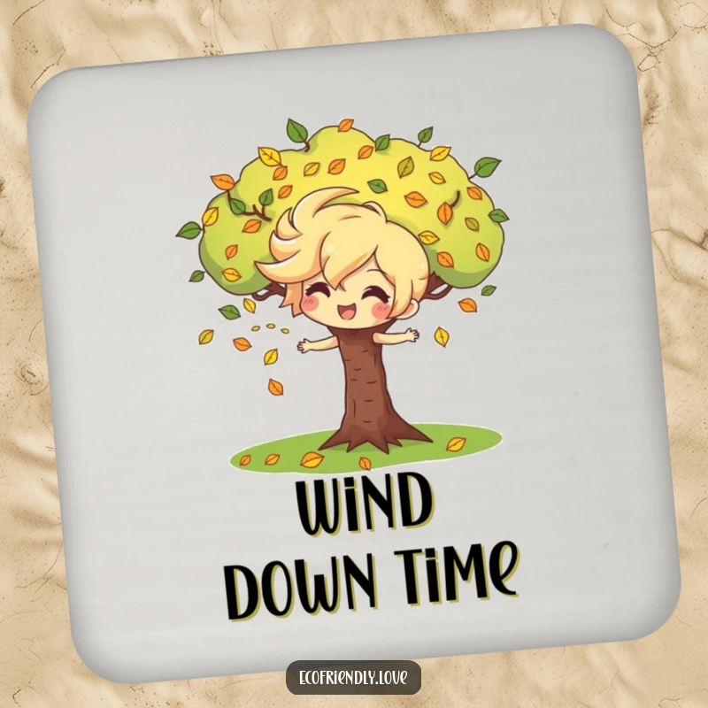 Funny drink coaster featuring a playful wind character blowing leaves around a cheerful tree, adding a natural and fun element to tables.