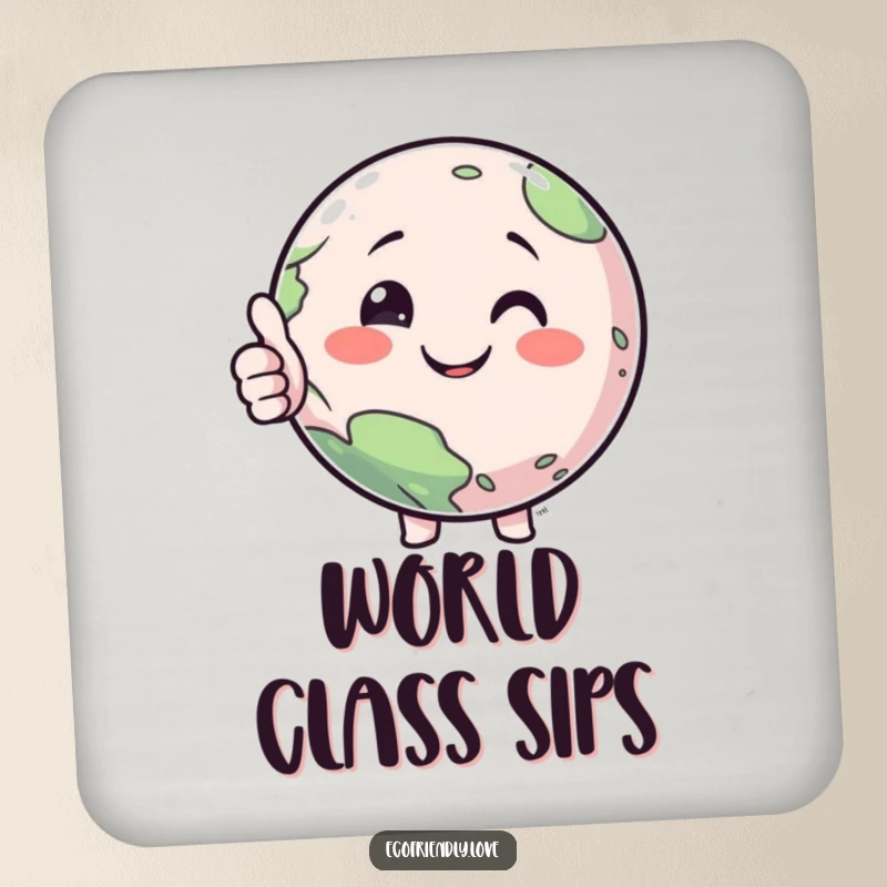 Funny drink coasters featuring a smiling planet character giving a thumbs-up, protecting tables with a dose of Earthly humor.