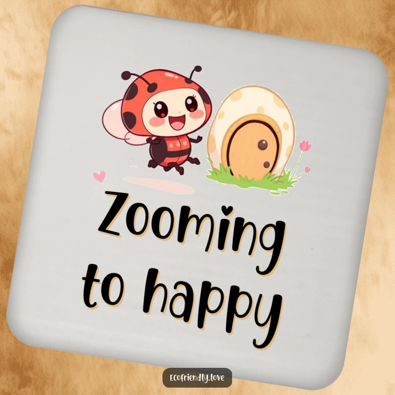 Funny drink coaster featuring an excited ladybug character zooming past a smiling mushroom house, adding garden charm.