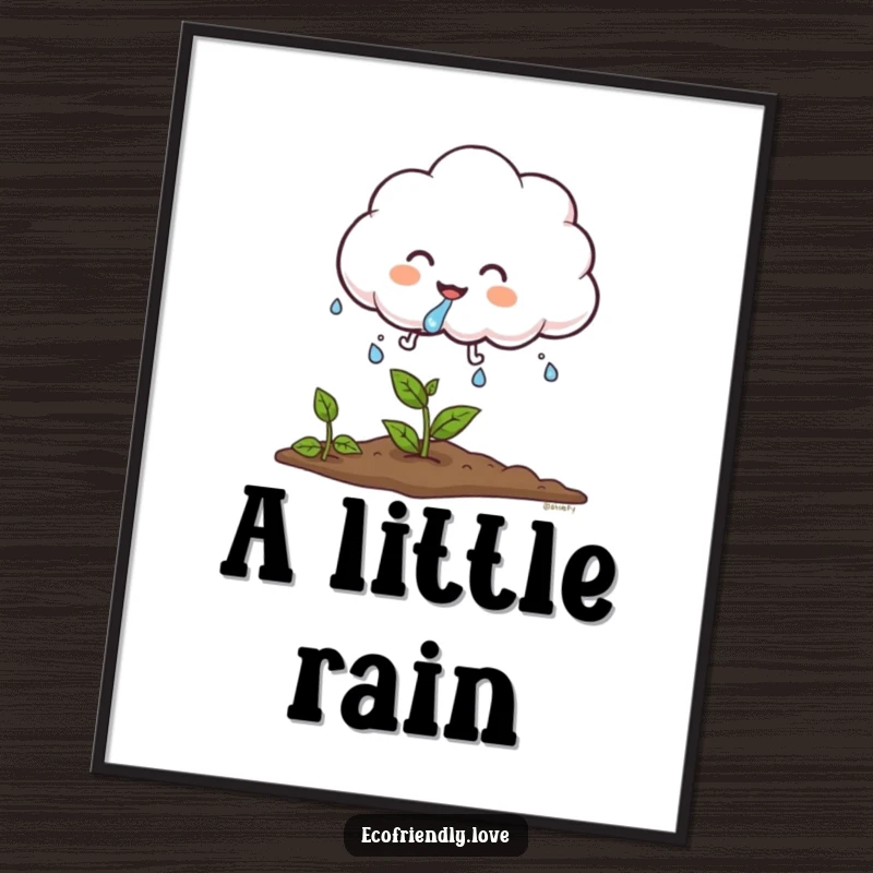 Funny cloud poster featuring a giggling, fluffy cloud character showering a plant with water droplets, symbolizing growth and happy nourishment.