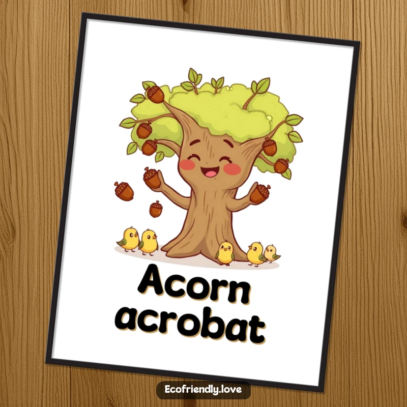 Funny smiling tree character juggling multiple acorns high in the air with a cluster of tiny birds watching from nearby branches, as wall art.