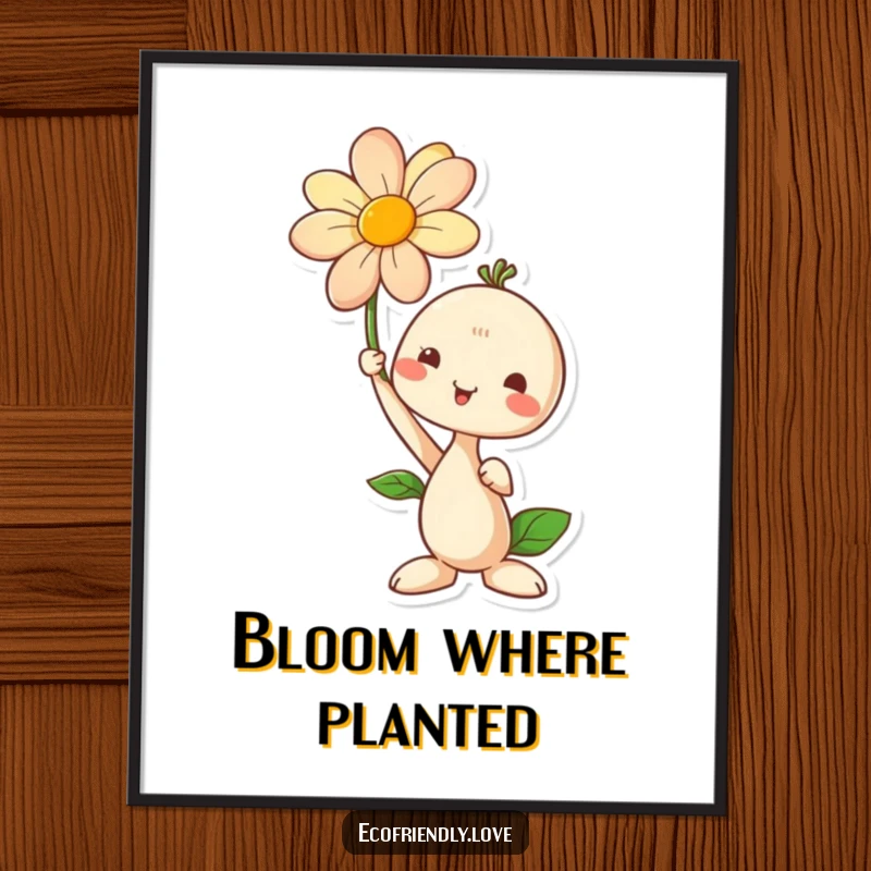 Funny poster featuring a cute seedling character proudly holding a blooming flower, symbolizing growth, potential, and natural beauty.