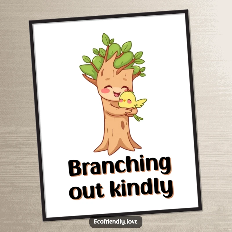 Funny poster of a joyful tree character giving a friendly hug to a small bird, celebrating friendship and nature's beauty.