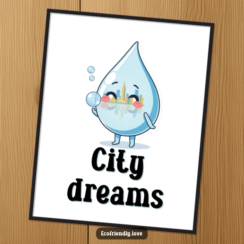 Funny water droplet character blowing a transparent bubble showing a tiny cityscape reflection, printed as unique and funny wall art.