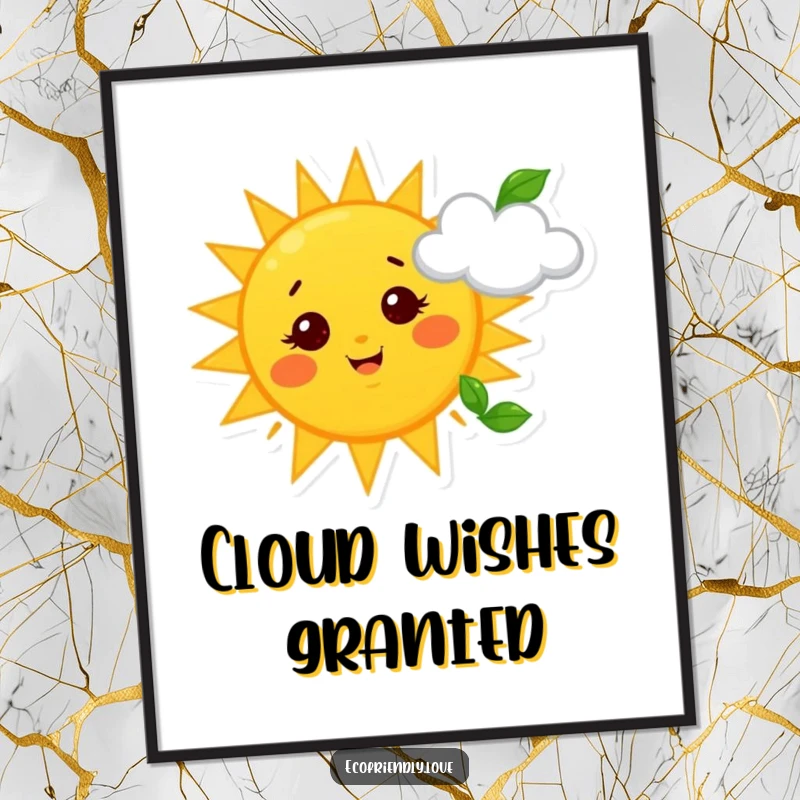 Funny Sun and Cloud Poster: Wall art depicting a smiling sun with starry eyes waving a leaf towards a happy, content cloud.