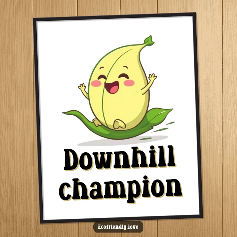 Funny poster print of a happy green leaf character thrillingly rolling downhill with excitement and a sense of free-spirited adventure.