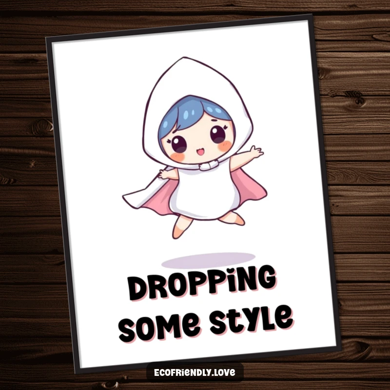 Funny poster featuring a playful raindrop character in a costume, cape flowing, captured in a dynamic mid-leap, perfect for adding energy to walls.