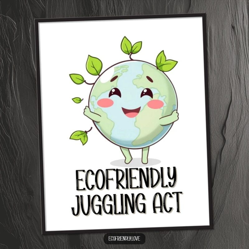 Funny poster art of a smiling globe character energetically juggling three lush green leaves, celebrating nature with humor.