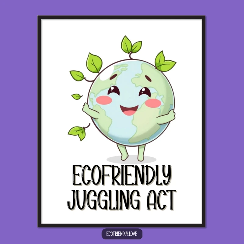 Funny Smiling Globe Juggling Leaves Poster: Eco-Humor for Your Walls