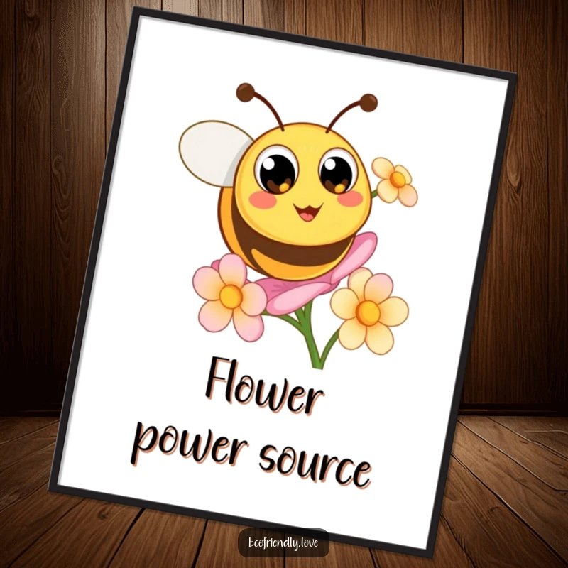 Funny poster art of a cute, round bee with big happy eyes excitedly buzzing around a blooming flower.
