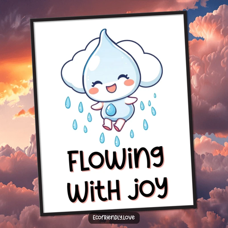 Funny Poster: A water droplet character gleefully slides down a rain cloud, radiating joy and refreshment, perfect for adding a cheerful touch, a funny gift.