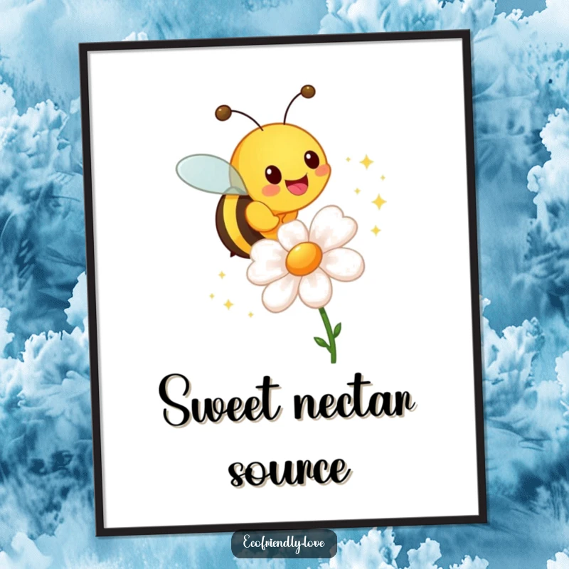 Funny poster art of a cheerful bee hovering near a flower, leaving a magical trail of shimmering sparkles.