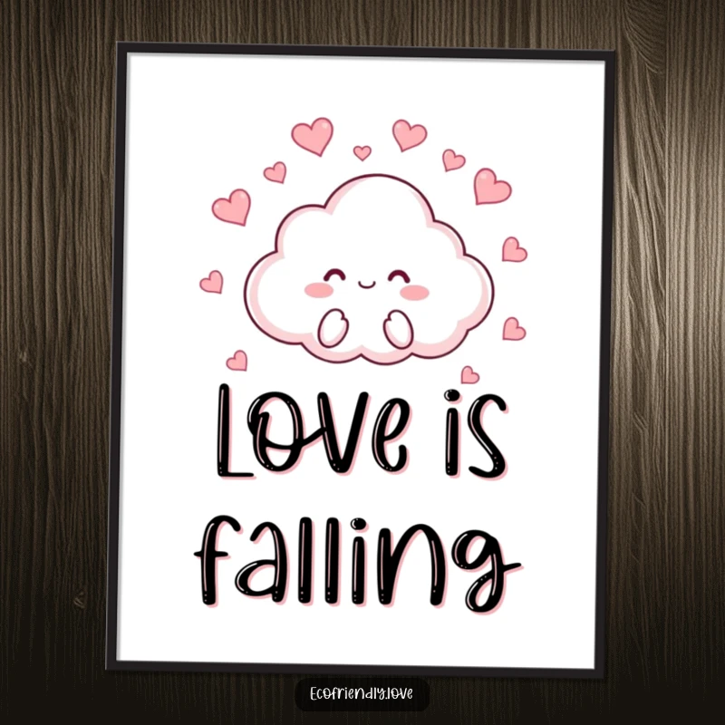 Funny poster featuring a cute cloud character playfully raining tiny red hearts, creating a cheerful and loving visual display.