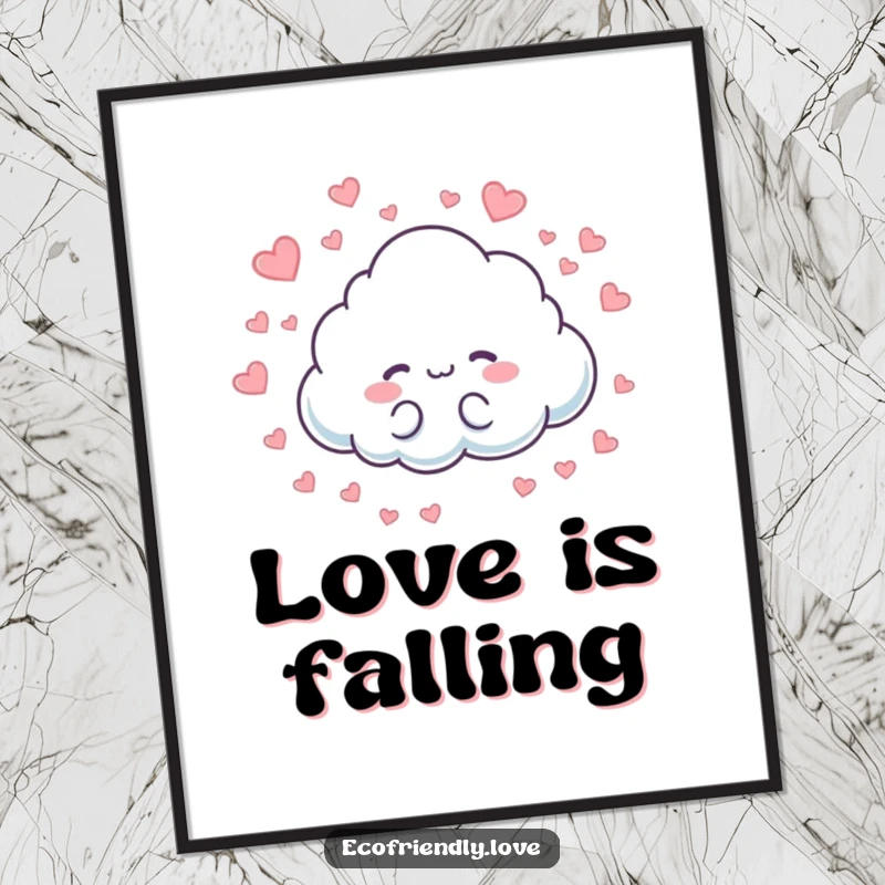 Funny poster art of a cloud character playfully raining small hearts. Sweet, cute decor and a lovely gift.