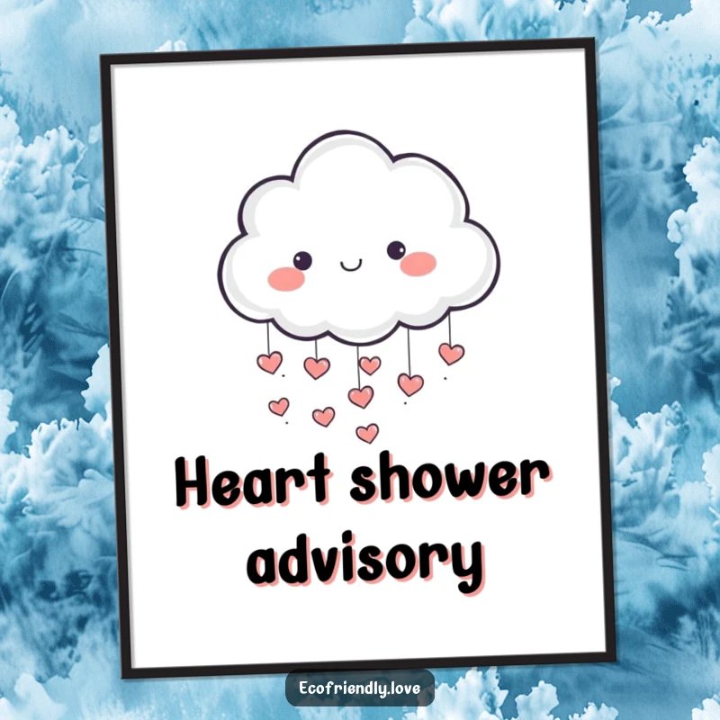 Funny poster print of a happy cloud character showering the world with tiny, falling red hearts, symbolizing love.