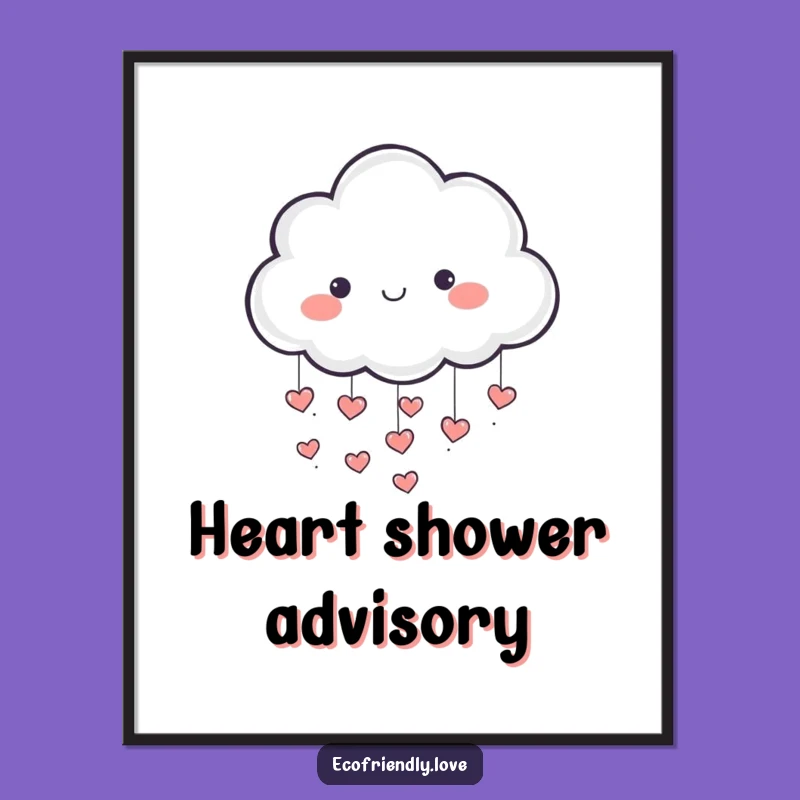 Funny Cloud Poster: Playful Character Raining Hearts, Romantic Wall Art Gift