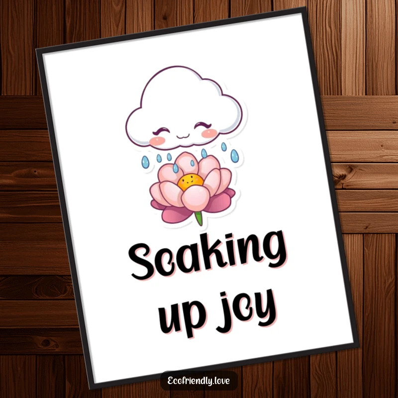Funny poster of a giggling cloud character releasing gentle raindrops on a flower, celebrating whimsical weather and natural beauty.