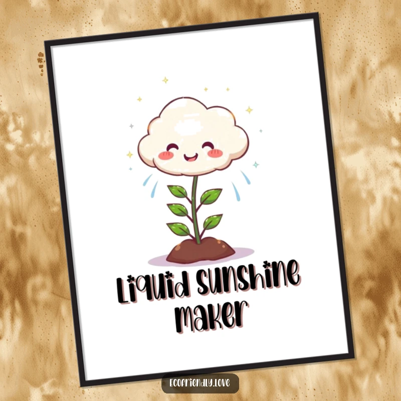 Funny poster art of a round, happy cloud character showering a green plant with sparkling, joyful rain.