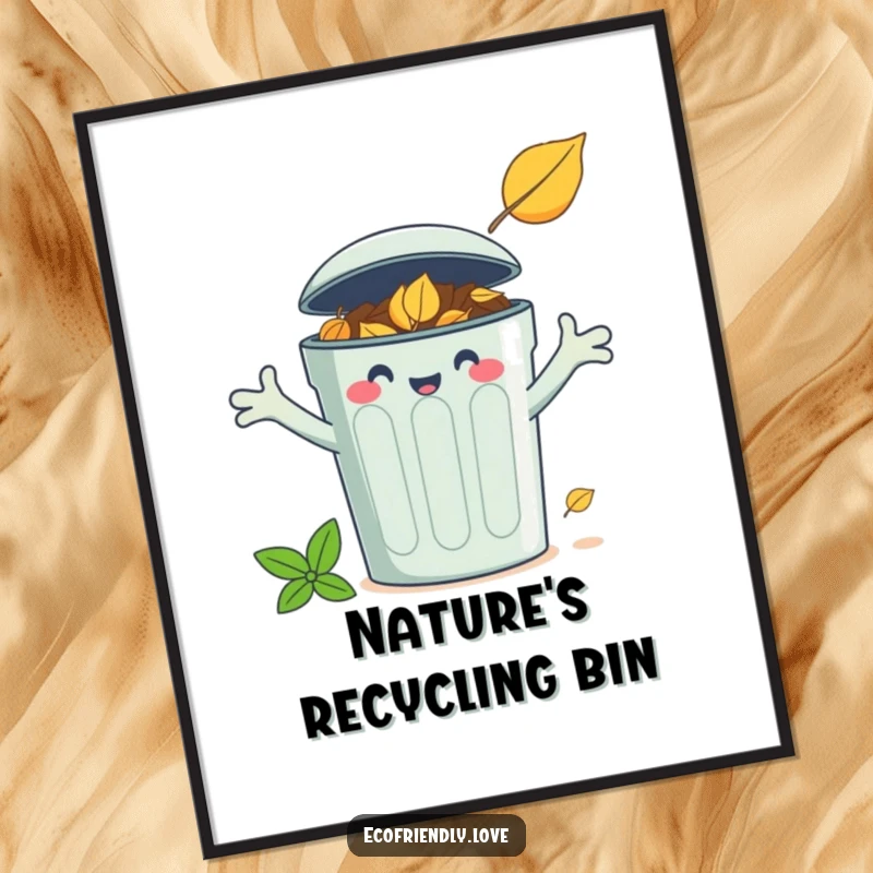 Funny poster art of a smiling compost bin character with open arms welcoming a fallen leaf, celebrating cycles.