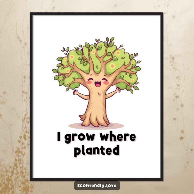 Funny poster of a happy tree character in a dynamic dance, branches swaying wildly, capturing a moment of pure, unadulterated tree joy and movement.