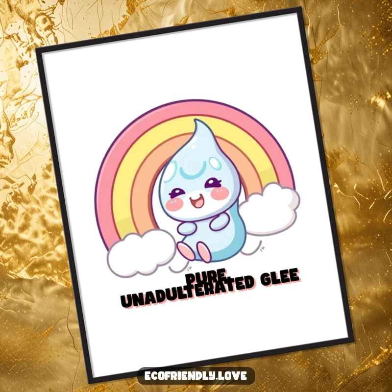 Funny Poster of a smiling dewdrop character joyfully sliding down a spectacular rainbow, capturing a moment of pure elation.