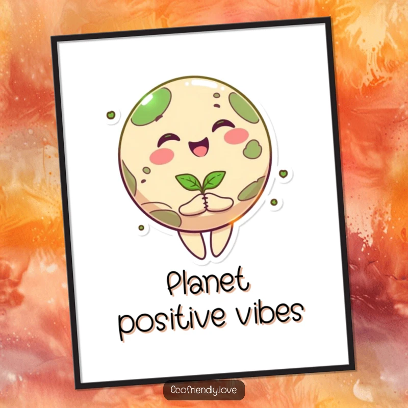 Funny happy planet poster art of a smiling cartoon Earth character joyfully spinning, holding a small green seedling, symbolizing new beginnings.