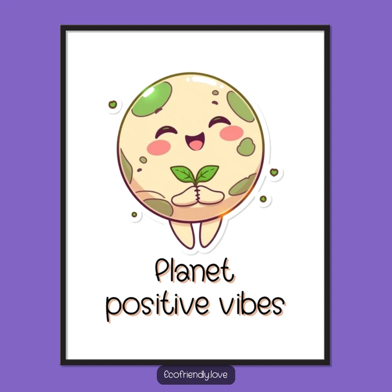 Funny Happy Planet Poster: Joyful Earth Character and Seedling Art